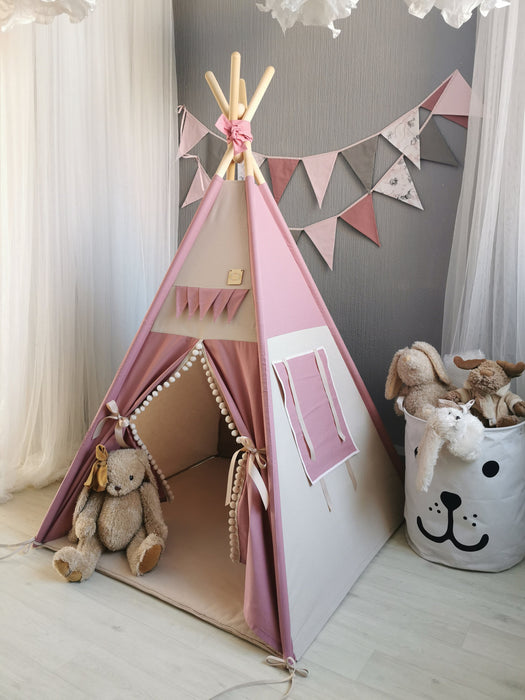 BEIGE / PINK Tipi for Girl, Pop-Up Teepee, Folded Wigwam for Nursery, Portable Shelter for Kid Room, Fabric Playhouse, Tradicional Playtent