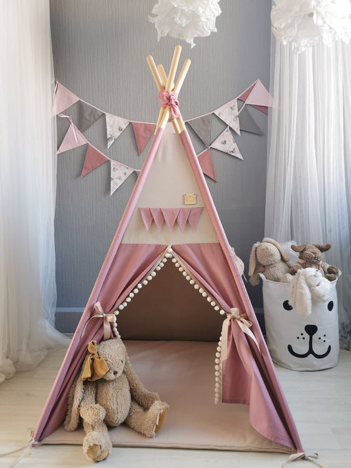 BEIGE / PINK Tipi for Girl, Pop-Up Teepee, Folded Wigwam for Nursery, Portable Shelter for Kid Room, Fabric Playhouse, Tradicional Playtent