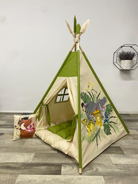 Teepee Tent for Kids with Hand Drawing Lion Guard Characters, Cotton Indoor Playhouse, Childrens Outdoor Playhouse, Tipi Zelt Kinder