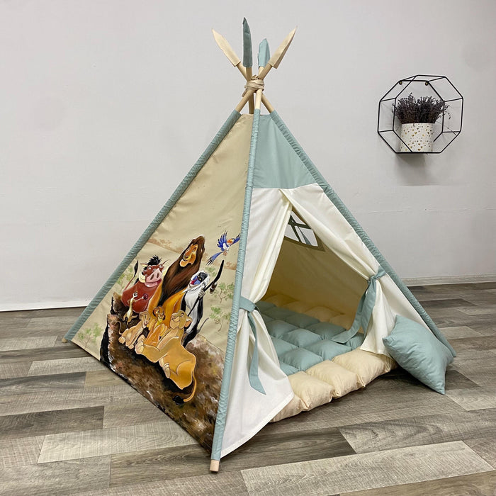 Teepee Tent for Kids with Hand Drawing Lion King, Cotton Indoor Playhouse, Childrens Outdoor Playhouse, Tipi Zelt Kinder