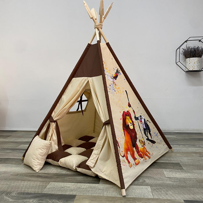 In Stock. Teepee Tent for Kids with Hand Drawing Lion King, Cotton Indoor Playhouse, Childrens Outdoor Playhouse, Tipi Zelt Kinder