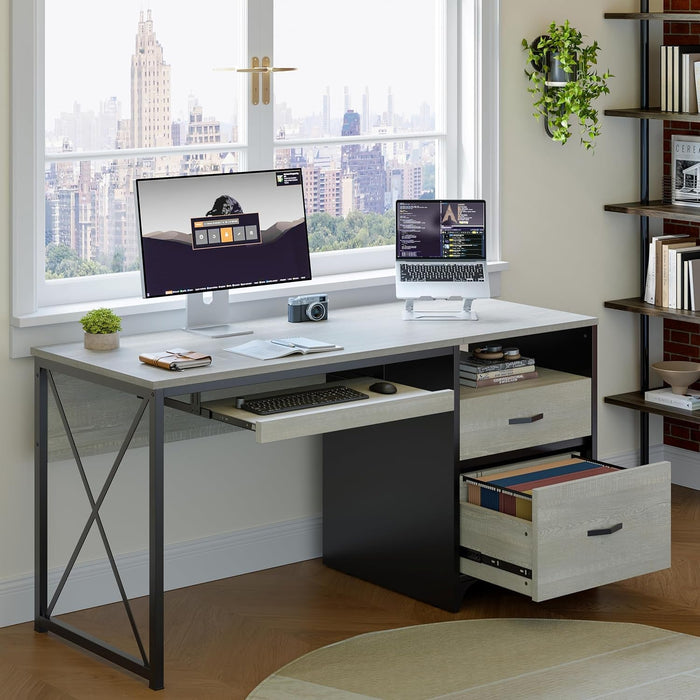 Industrial Office Desk with Storage Drawers and Keyboard Tray - ShipItFurniture