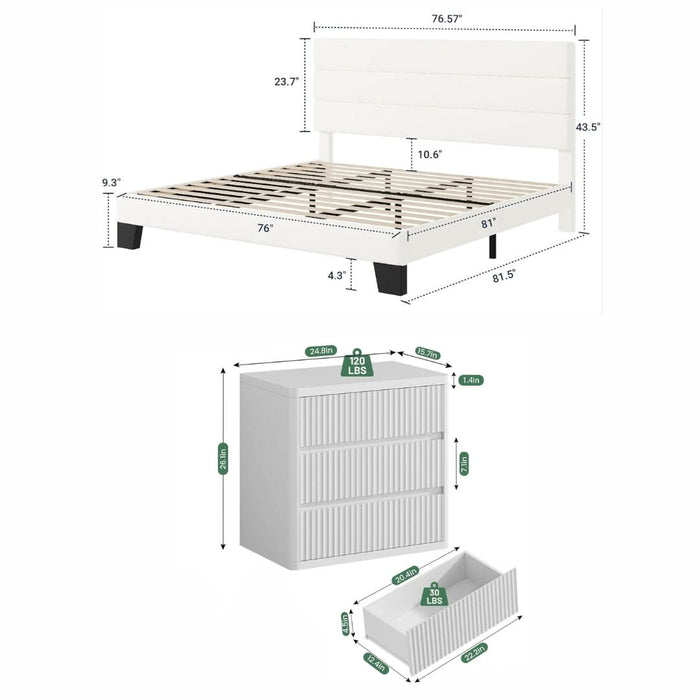 King Bedroom Set with Velvet Upholstered Platform Bed Frame & 2 White Fluted 3-Drawer Nightstands