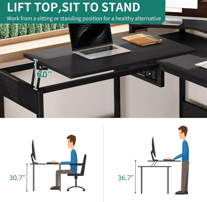 L Shaped Adjustable Standing Desk with File Drawer - ShipItFurniture