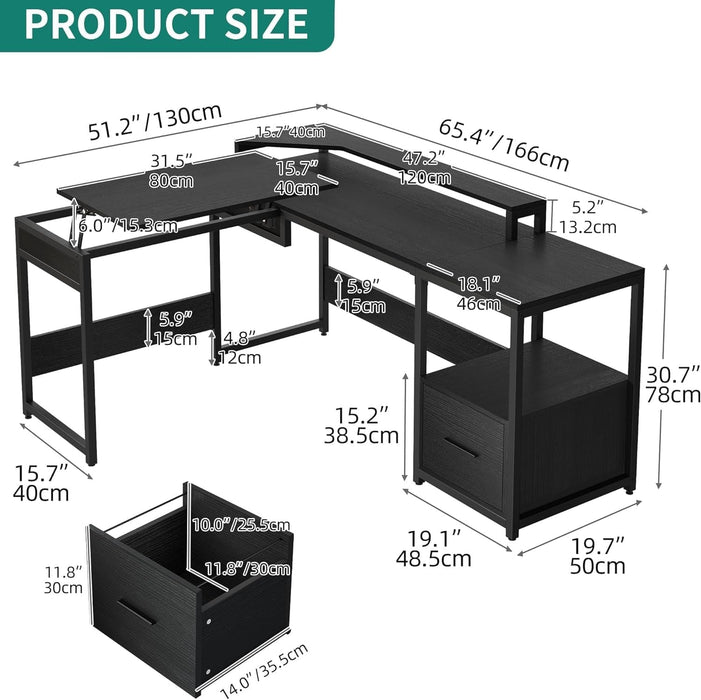 L Shaped Adjustable Standing Desk with File Drawer - ShipItFurniture