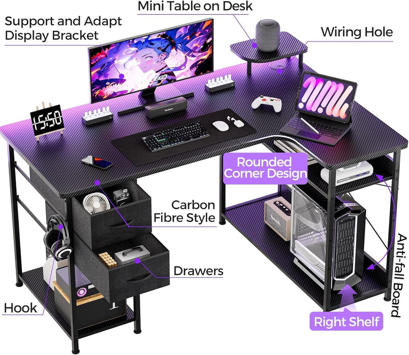 L Shaped Carbon Fiber Gaming Desk with Adjustable Shelf - ShipItFurniture