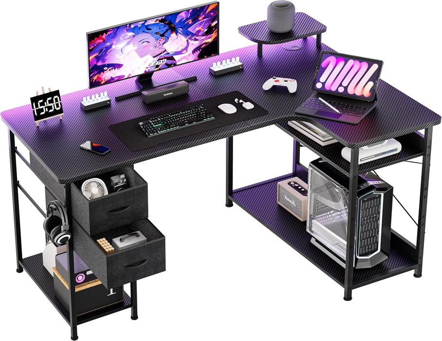 L Shaped Carbon Fiber Gaming Desk with Adjustable Shelf - ShipItFurniture
