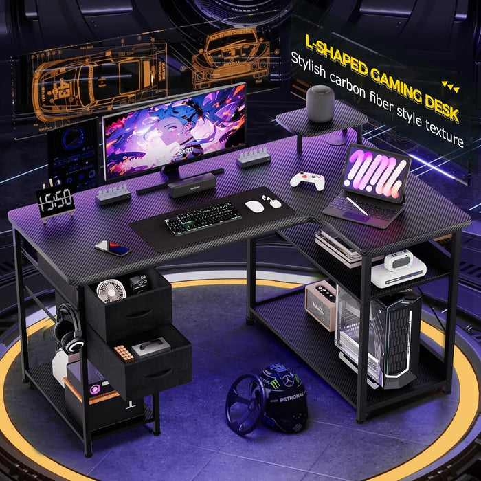 L Shaped Carbon Fiber Gaming Desk with Adjustable Shelf - ShipItFurniture