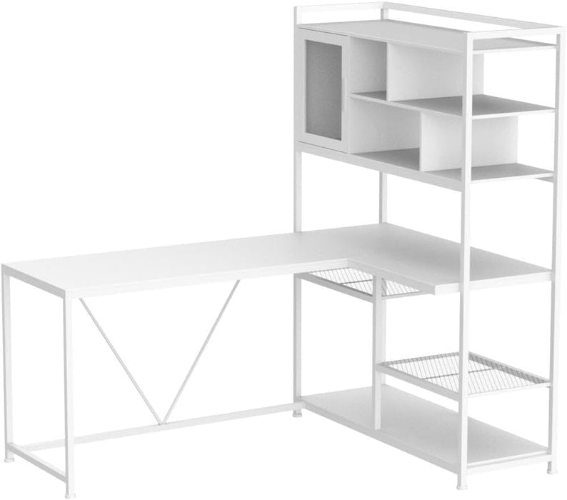 L Shaped Computer Desk, 58'' Office Desk with LED Light and Bookshelf, L Shaped Corner Desk with Storage Shelves for Home Office, Gaming Desk, L Desk, White - ShipItFurniture