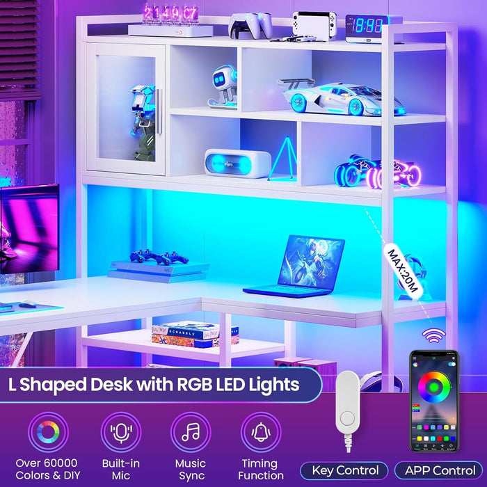 L Shaped Computer Desk, 58'' Office Desk with LED Light and Bookshelf, L Shaped Corner Desk with Storage Shelves for Home Office, Gaming Desk, L Desk, White - ShipItFurniture
