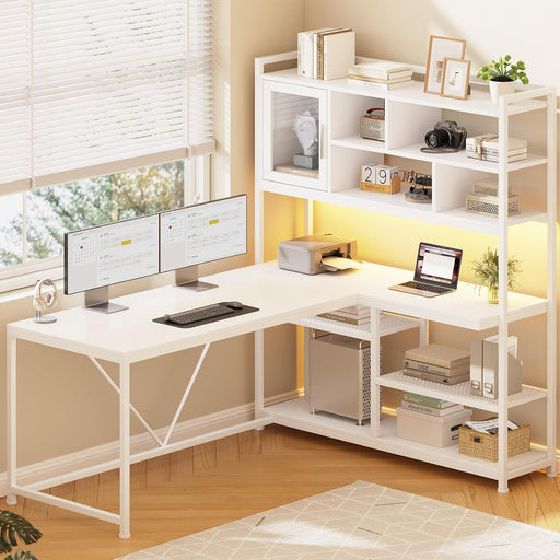 L Shaped Computer Desk, 58'' Office Desk with LED Light and Bookshelf, L Shaped Corner Desk with Storage Shelves for Home Office, Gaming Desk, L Desk, White - ShipItFurniture