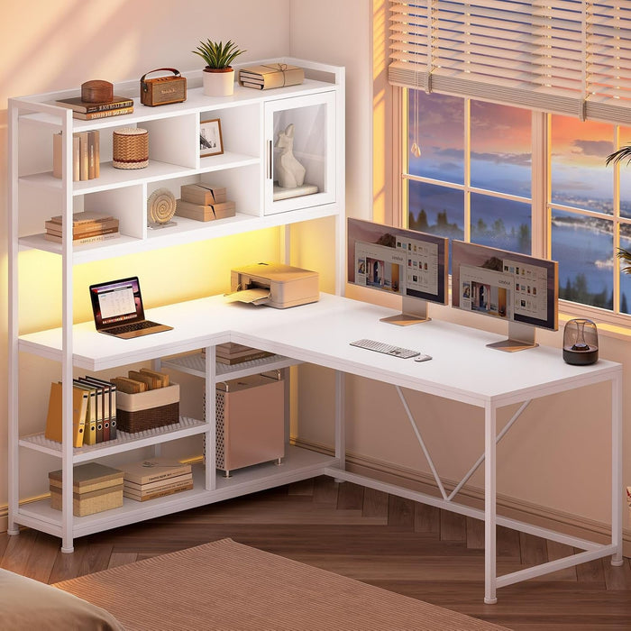 L Shaped Computer Desk, 58'' Office Desk with LED Light and Bookshelf, L Shaped Corner Desk with Storage Shelves for Home Office, Gaming Desk, L Desk, White - ShipItFurniture