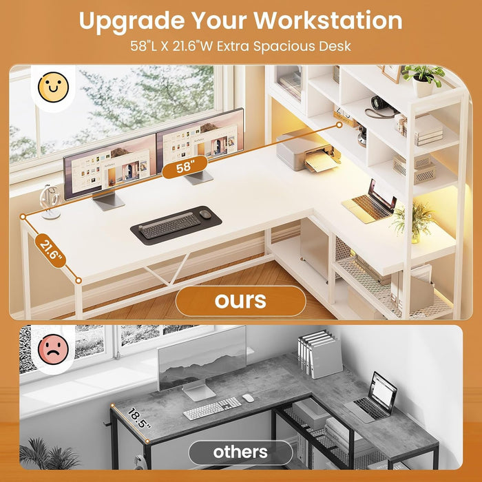 L Shaped Computer Desk, 58'' Office Desk with LED Light and Bookshelf, L Shaped Corner Desk with Storage Shelves for Home Office, Gaming Desk, L Desk, White - ShipItFurniture