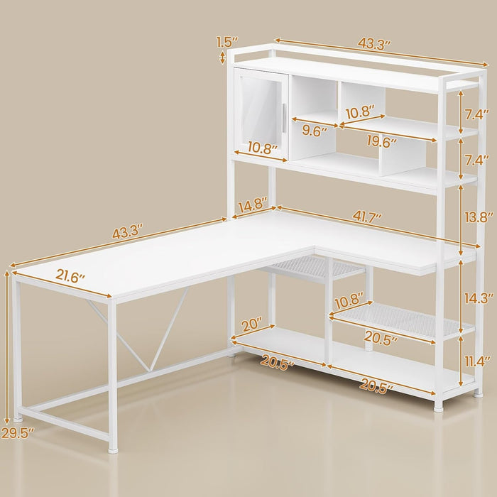 L Shaped Computer Desk, 58'' Office Desk with LED Light and Bookshelf, L Shaped Corner Desk with Storage Shelves for Home Office, Gaming Desk, L Desk, White - ShipItFurniture