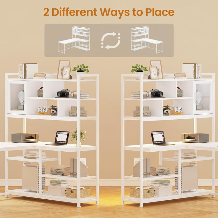 L Shaped Computer Desk, 58'' Office Desk with LED Light and Bookshelf, L Shaped Corner Desk with Storage Shelves for Home Office, Gaming Desk, L Desk, White - ShipItFurniture