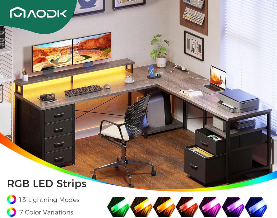 L Shaped Computer Desk with File Cabinet and LED Light - ShipItFurniture