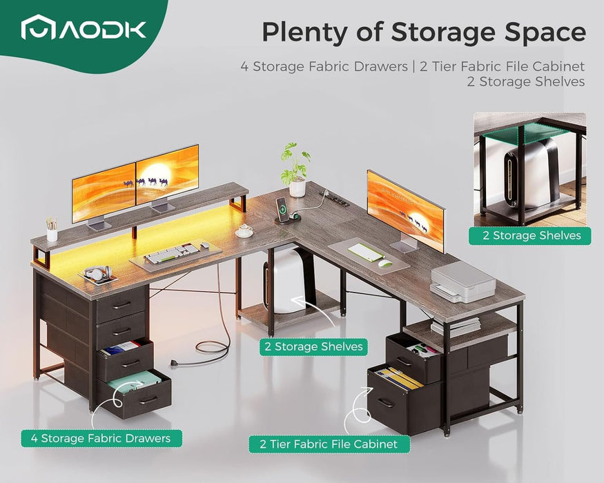 L Shaped Computer Desk with File Cabinet and LED Light - ShipItFurniture