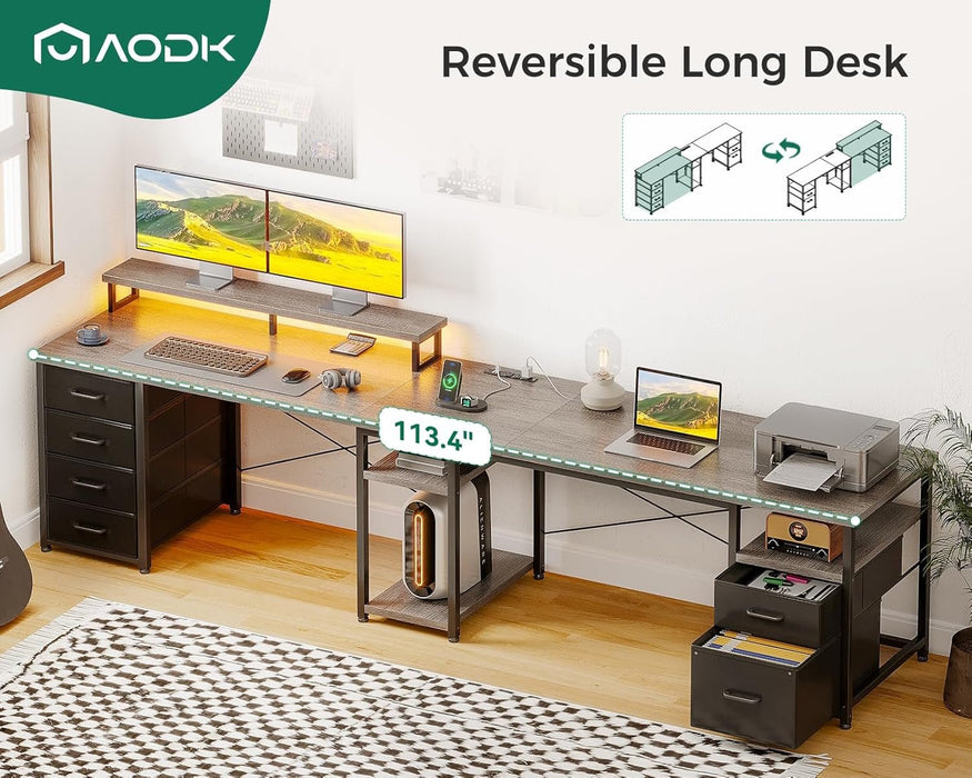 L Shaped Computer Desk with File Cabinet and LED Light - ShipItFurniture