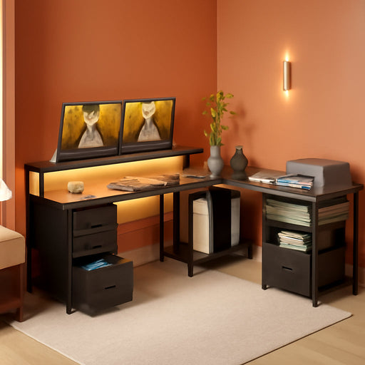 L Shaped Computer Desk with File Cabinet and LED Light - ShipItFurniture