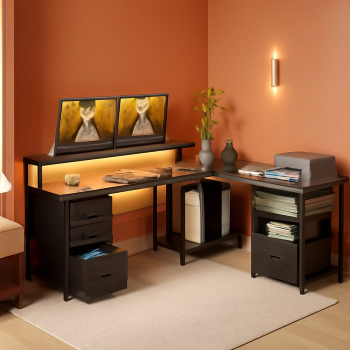 L Shaped Computer Desk with File Cabinet and LED Light - ShipItFurniture