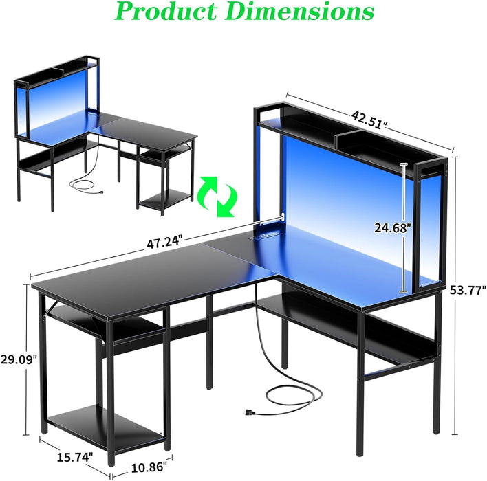L Shaped Computer Desk with LED Lights and Storage - ShipItFurniture