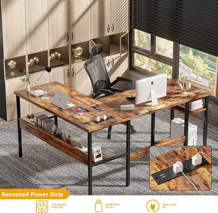 L Shaped Computer Desk with Magic Power Outlets and USB Charging Ports, Sturdy Reversible Corner Desk with Storage Shelves, Modern Work Desk for Home Office, Easy to Assemble, Rustic Brown - ShipItFurniture