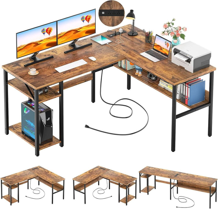 L Shaped Computer Desk with Magic Power Outlets and USB Charging Ports, Sturdy Reversible Corner Desk with Storage Shelves, Modern Work Desk for Home Office, Easy to Assemble, Rustic Brown - ShipItFurniture