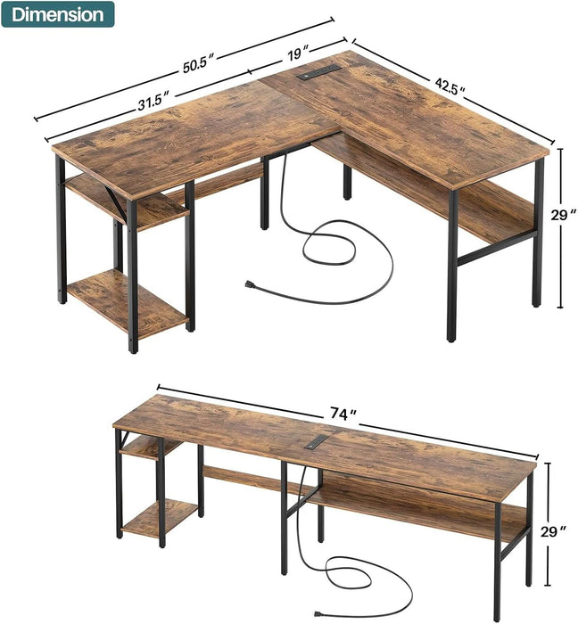 L Shaped Computer Desk with Magic Power Outlets and USB Charging Ports, Sturdy Reversible Corner Desk with Storage Shelves, Modern Work Desk for Home Office, Easy to Assemble, Rustic Brown - ShipItFurniture