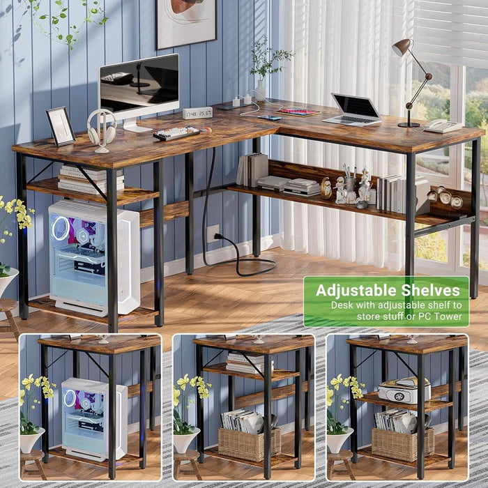 L Shaped Computer Desk with Magic Power Outlets and USB Charging Ports, Sturdy Reversible Corner Desk with Storage Shelves, Modern Work Desk for Home Office, Easy to Assemble, Rustic Brown - ShipItFurniture
