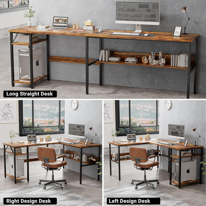 L Shaped Computer Desk with Magic Power Outlets and USB Charging Ports, Sturdy Reversible Corner Desk with Storage Shelves, Modern Work Desk for Home Office, Easy to Assemble, Rustic Brown - ShipItFurniture