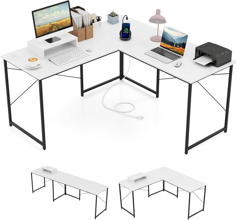 L - Shaped Computer Desk with Power Outlets, 95” Long 2 - Person Desk with Monitor Shelf, Modern Corner Desk Gaming Table with USB Ports for Home Office - ShipItFurniture