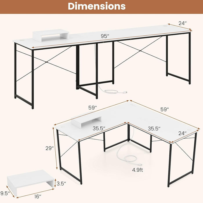 L - Shaped Computer Desk with Power Outlets, 95” Long 2 - Person Desk with Monitor Shelf, Modern Corner Desk Gaming Table with USB Ports for Home Office - ShipItFurniture