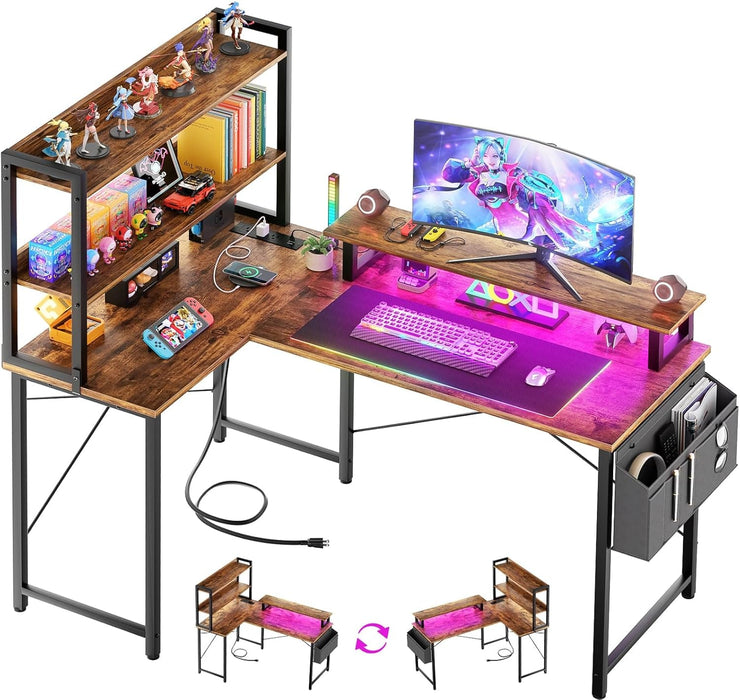 L Shaped Corner Desk with Bookshelf and Charging Station - ShipItFurniture