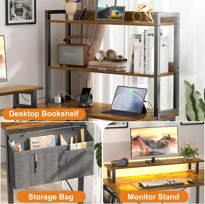 L Shaped Corner Desk with Bookshelf and Charging Station - ShipItFurniture