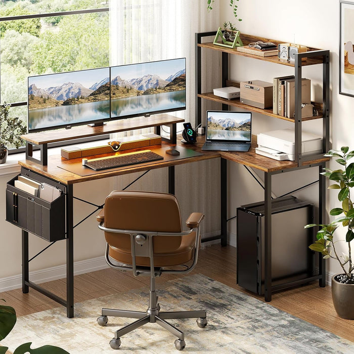 L Shaped Corner Desk with Bookshelf and Charging Station - ShipItFurniture