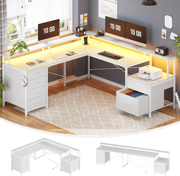 L Shaped Desk with 6 Drawer, 108" Home Office Desk with File Drawer & Power Outlet, Corner Computer Desk with Monitor Shelf, File Cabinet, Two Person Desk, Gaming Desk with Led Lights, White - ShipItFurniture