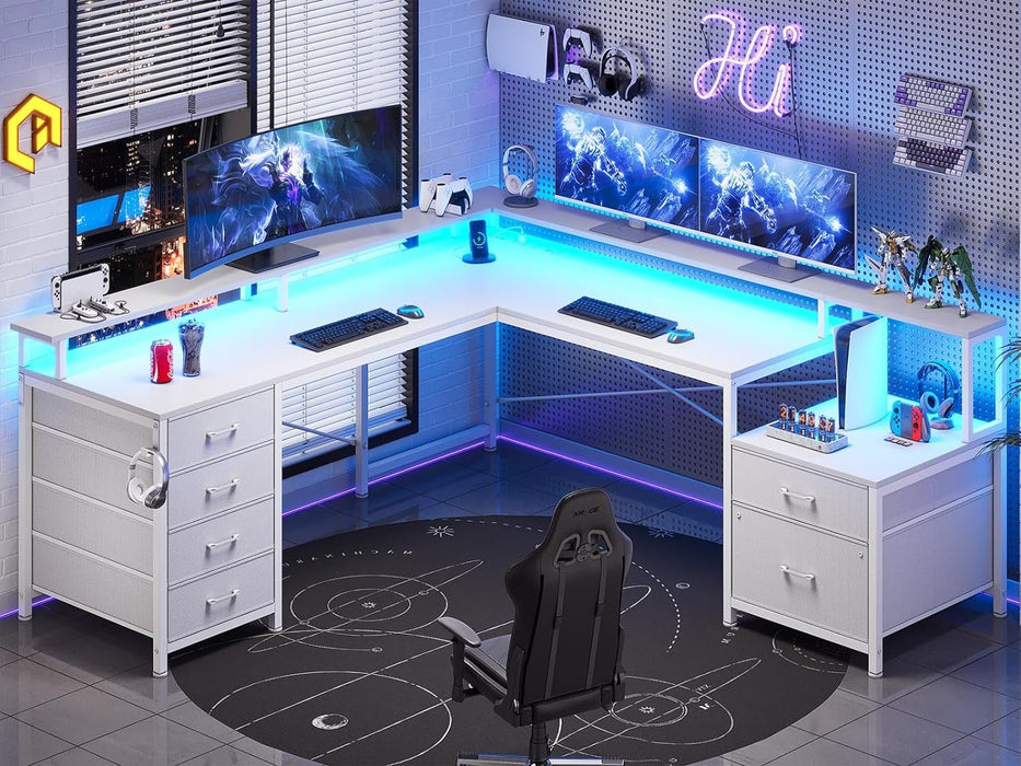 L Shaped Desk with 6 Drawer, 108" Home Office Desk with File Drawer & Power Outlet, Corner Computer Desk with Monitor Shelf, File Cabinet, Two Person Desk, Gaming Desk with Led Lights, White - ShipItFurniture