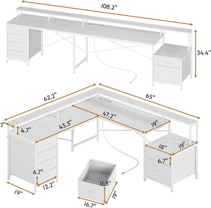 L Shaped Desk with 6 Drawer, 108" Home Office Desk with File Drawer & Power Outlet, Corner Computer Desk with Monitor Shelf, File Cabinet, Two Person Desk, Gaming Desk with Led Lights, White - ShipItFurniture