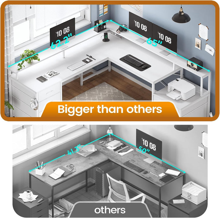 L Shaped Desk with 6 Drawer, 108" Home Office Desk with File Drawer & Power Outlet, Corner Computer Desk with Monitor Shelf, File Cabinet, Two Person Desk, Gaming Desk with Led Lights, White - ShipItFurniture