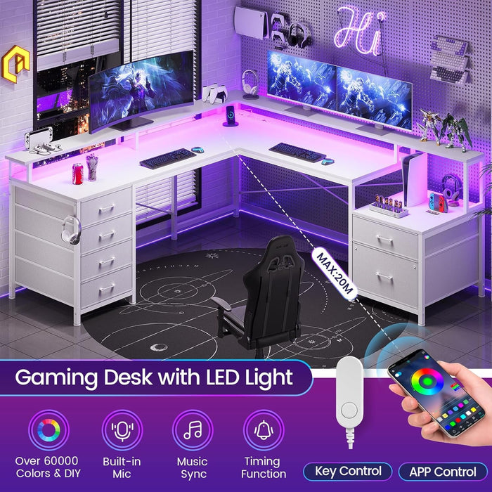 L Shaped Desk with 6 Drawer, 108" Home Office Desk with File Drawer & Power Outlet, Corner Computer Desk with Monitor Shelf, File Cabinet, Two Person Desk, Gaming Desk with Led Lights, White - ShipItFurniture