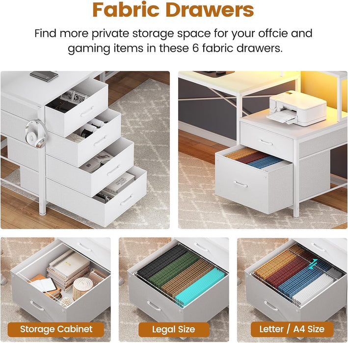 L Shaped Desk with 6 Drawer, 108" Home Office Desk with File Drawer & Power Outlet, Corner Computer Desk with Monitor Shelf, File Cabinet, Two Person Desk, Gaming Desk with Led Lights, White - ShipItFurniture