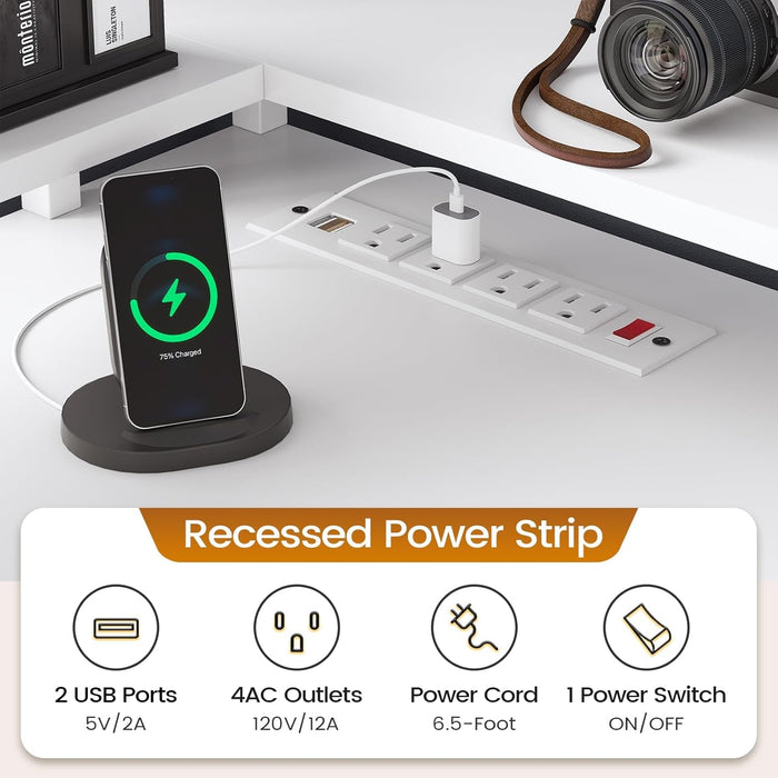 L Shaped Desk with 6 Drawer, 108" Home Office Desk with File Drawer & Power Outlet, Corner Computer Desk with Monitor Shelf, File Cabinet, Two Person Desk, Gaming Desk with Led Lights, White - ShipItFurniture