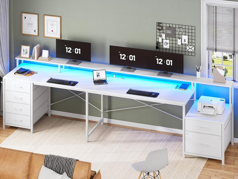 L Shaped Desk with 6 Drawer, 108" Home Office Desk with File Drawer & Power Outlet, Corner Computer Desk with Monitor Shelf, File Cabinet, Two Person Desk, Gaming Desk with Led Lights, White - ShipItFurniture