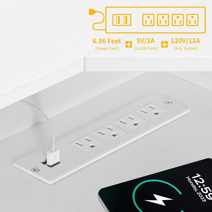 L Shaped Desk with Drawers, 60" Corner Computer Desk with Power Outlets & Lift Top, Home Office Desk with Storage Cabinet & LED Lights, Wood Desk, Height Adjustable Desk, White - ShipItFurniture