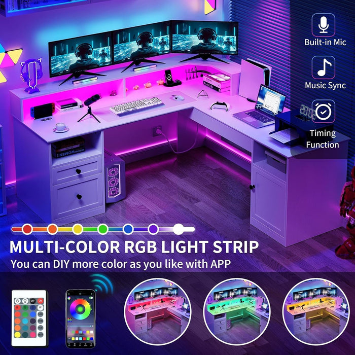 L Shaped Desk with Drawers, 60" Corner Computer Desk with Power Outlets & Lift Top, Home Office Desk with Storage Cabinet & LED Lights, Wood Desk, Height Adjustable Desk, White - ShipItFurniture