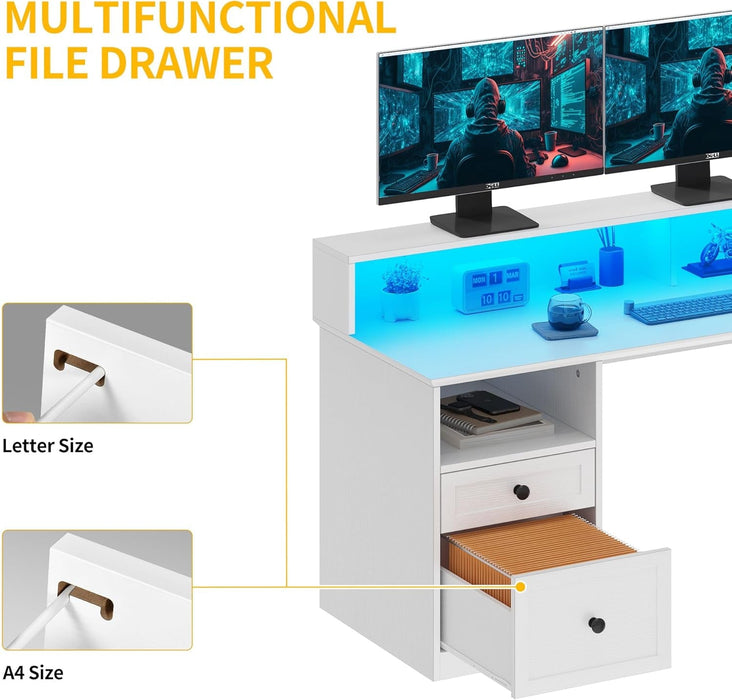 L Shaped Desk with Drawers, 60" Corner Computer Desk with Power Outlets & Lift Top, Home Office Desk with Storage Cabinet & LED Lights, Wood Desk, Height Adjustable Desk, White - ShipItFurniture