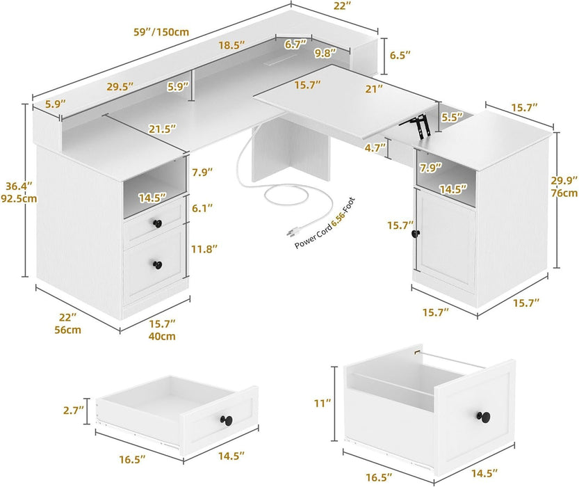 L Shaped Desk with Drawers, 60" Corner Computer Desk with Power Outlets & Lift Top, Home Office Desk with Storage Cabinet & LED Lights, Wood Desk, Height Adjustable Desk, White - ShipItFurniture