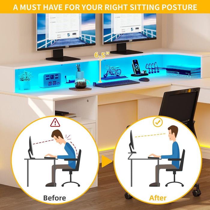 L Shaped Desk with Drawers, 60" Corner Computer Desk with Power Outlets & Lift Top, Home Office Desk with Storage Cabinet & LED Lights, Wood Desk, Height Adjustable Desk, White - ShipItFurniture