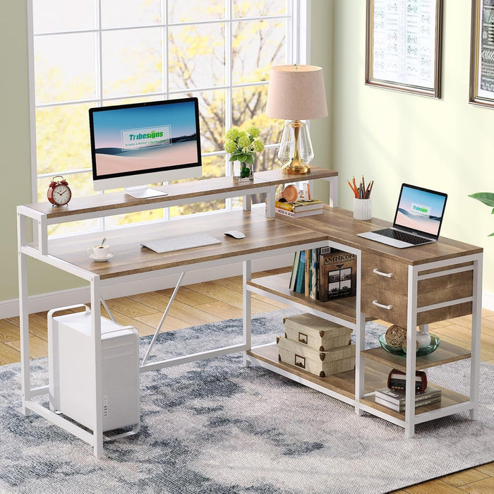 L Shaped Desk with Drawers and Monitor Stand, L Corner Desk with Storage Shelves, Beige Wooden PC Table for Samll Home Office - ShipItFurniture