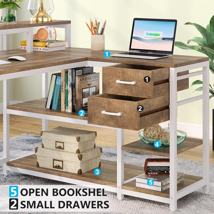 L Shaped Desk with Drawers and Monitor Stand, L Corner Desk with Storage Shelves, Beige Wooden PC Table for Samll Home Office - ShipItFurniture